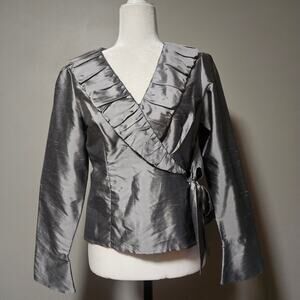 Sunny Taylor Silk Wrap Top Blouse Gray Size 6 Long Sleeve Ruffle Tie